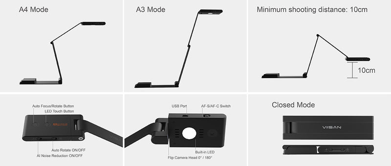 VIISAN VS13AI USB Document Camera with AI-Noise Reduction Mic, 13MP 4K Ultra HD A3-Size Capture, Dual-Mode Autofocus, LED Light, Foldable for Web Conferencing, Live Demo, Compatible macOS & Windows