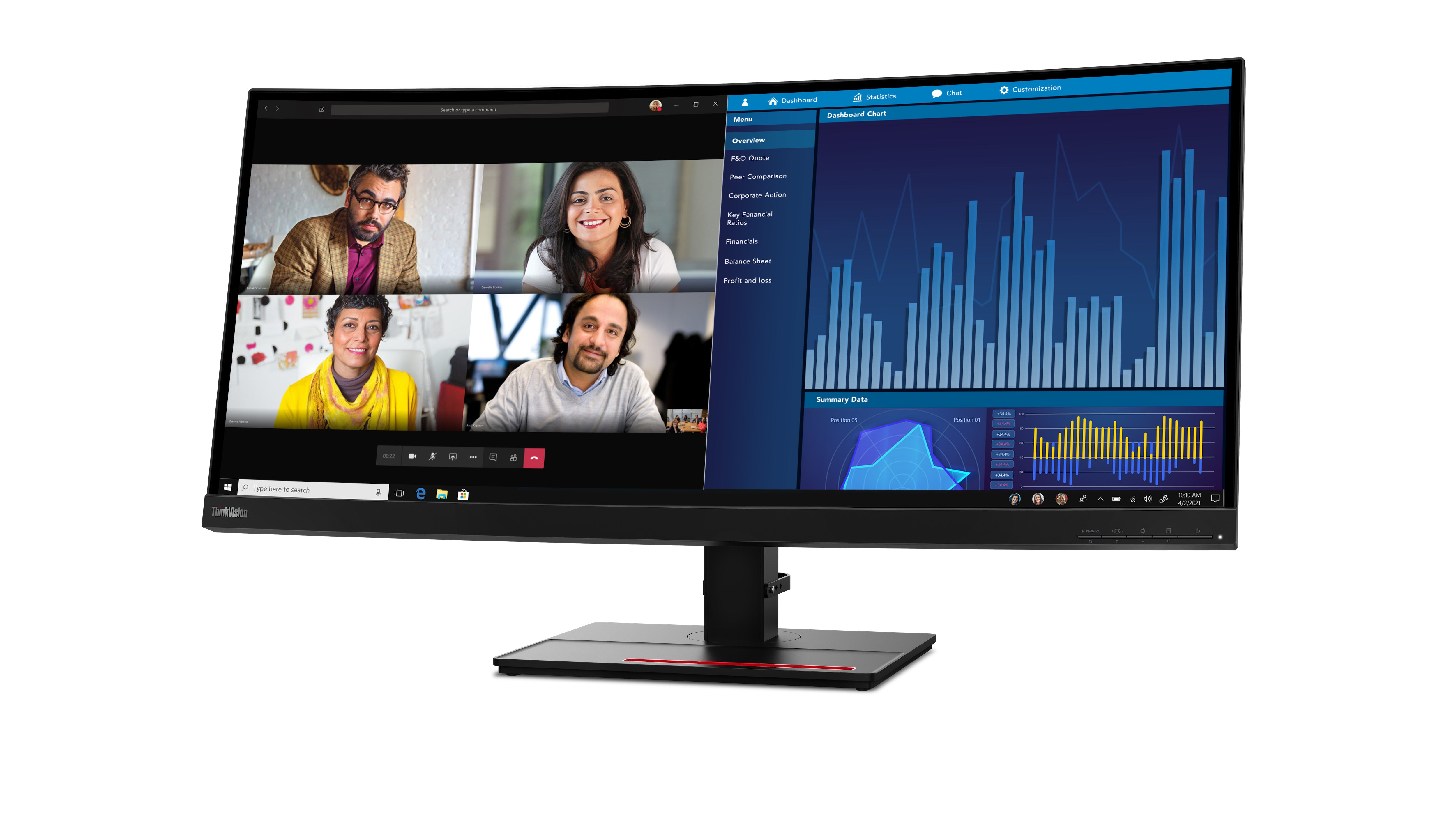 شاشة Lenovo ThinkVision P34w‑20 منحنية مقاس 34.1 بوصة بدقة WQHD IPS ودقة 3440×1440، و99% من ألوان sRGB، ومنفذ USB-C 100 وات PD، وKVM، وHDR10، وزمن استجابة 4 مللي ثانية، وتردد 60 هرتز
