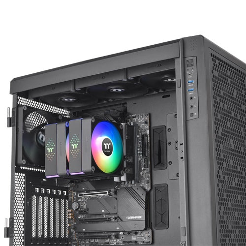 Thermaltake ASTRIA 600 ARGB CPU Cooler – Dual Tower, 265 W TDP, 6×Ø6 mm Heatpipes, 2×120 mm ARGB Fans (65 CFM, 500-1800 RPM), Meteor-Shower Lighting