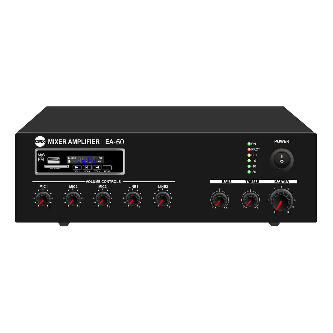 CMX 60W Tabletop Mixer Amplifier with USB/Bluetooth/ FM, 3 Mic, 2 Aux, 70V/100V/4-16 Ohm.