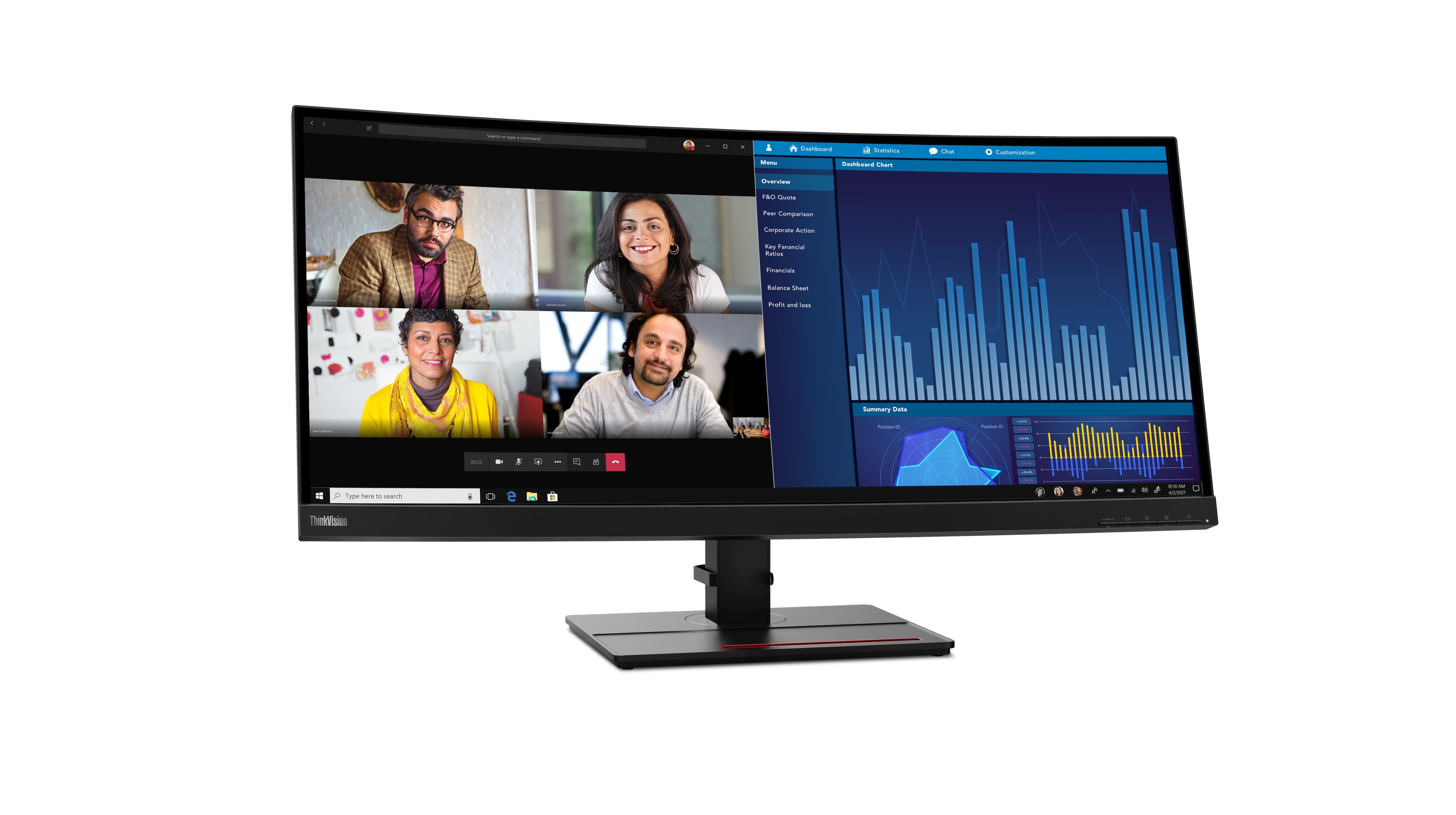 شاشة Lenovo ThinkVision P34w‑20 منحنية مقاس 34.1 بوصة بدقة WQHD IPS ودقة 3440×1440، و99% من ألوان sRGB، ومنفذ USB-C 100 وات PD، وKVM، وHDR10، وزمن استجابة 4 مللي ثانية، وتردد 60 هرتز