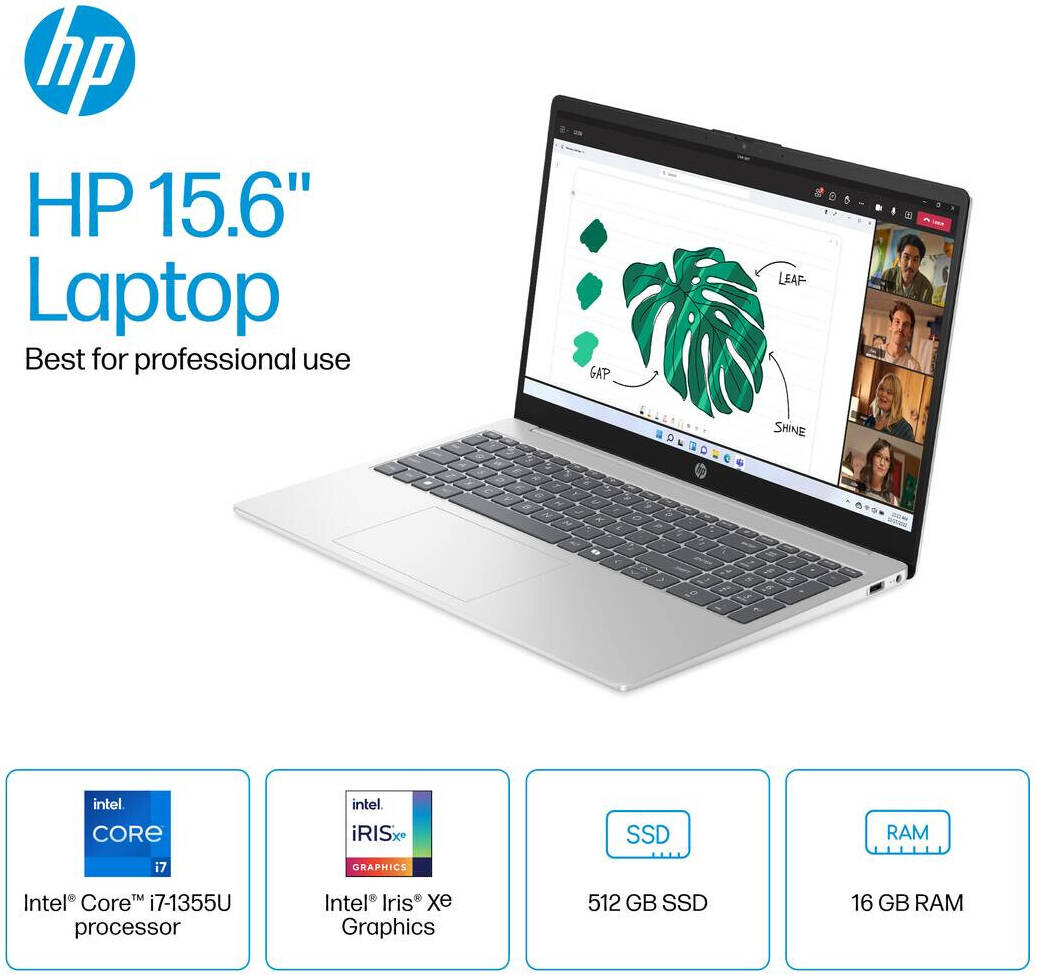 حاسوب محمول HP 15-fd0127dx - شاشة لمس 15.6 بوصة FHD 60 هرتز - معالج Intel Core i7 150U - ذاكرة عشوائية 16 جيجابايت - قرص صلب SSD بسعة 512 جيجابايت - بطاقة رسومات مشتركة - نظام تشغيل ويندوز 11