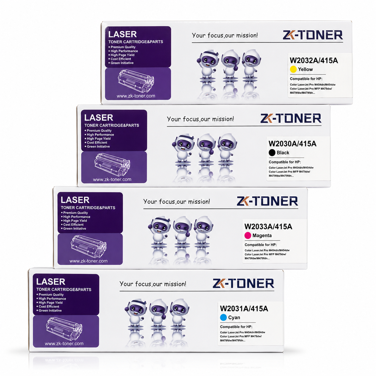 ZK-TONER 415A W2030A/W2031A/W2032A/W2033A Commercial Compatible Toner Cartridge 4-Pack – Black, Cyan, Yellow & Magenta for HP Color LaserJet Pro M454 and MFP M479 Series Printers