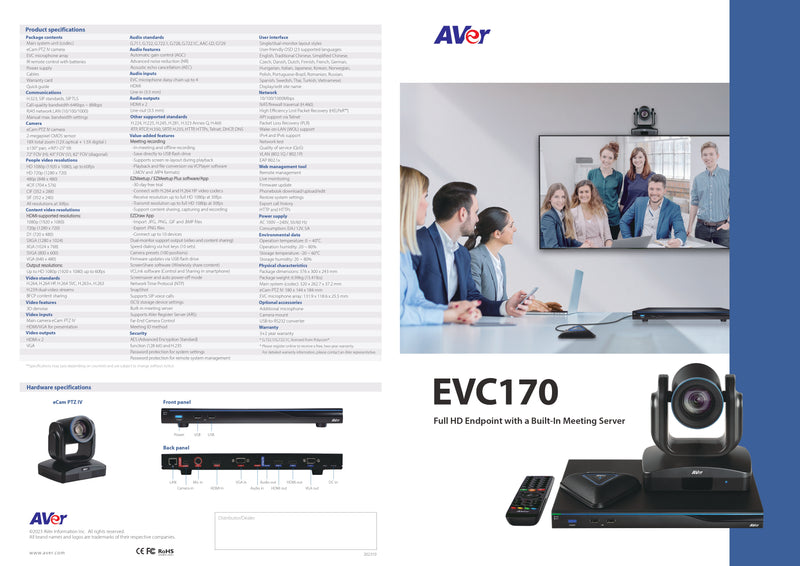 AVer EVC170 Full HD Video Conferencing System, 18X PTZ Camera, Built-in Meeting Server, SIP/H.323, SmartFrame, Dual Monitor Support