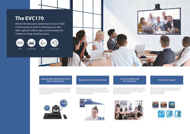 AVer EVC170 Full HD Video Conferencing System, 18X PTZ Camera, Built-in Meeting Server, SIP/H.323, SmartFrame, Dual Monitor Support
