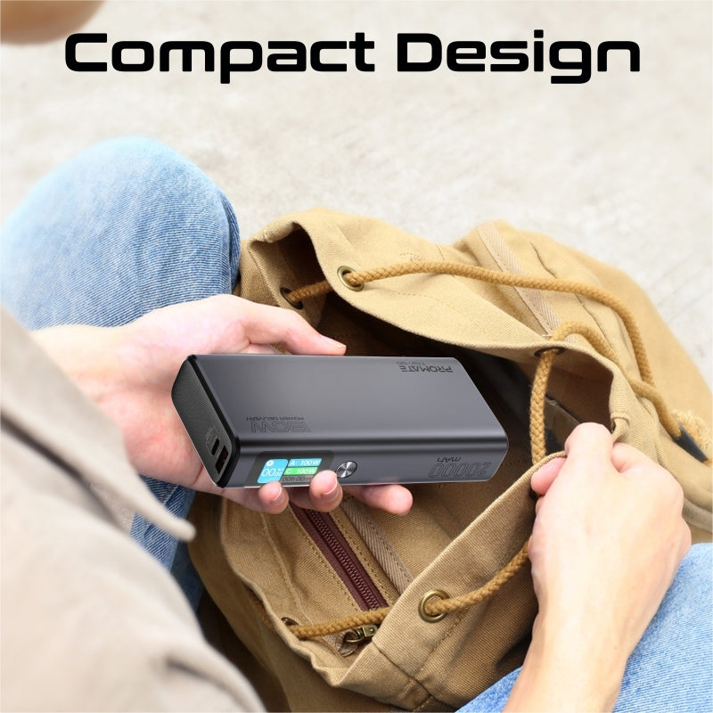 Promate 20,000mAH Power Bank, Super-Slim 130W Power Delivery with Smart TFT LCD Display, Durable Metal Made, Over Charge Protection for USB-C and USB-A Devices.