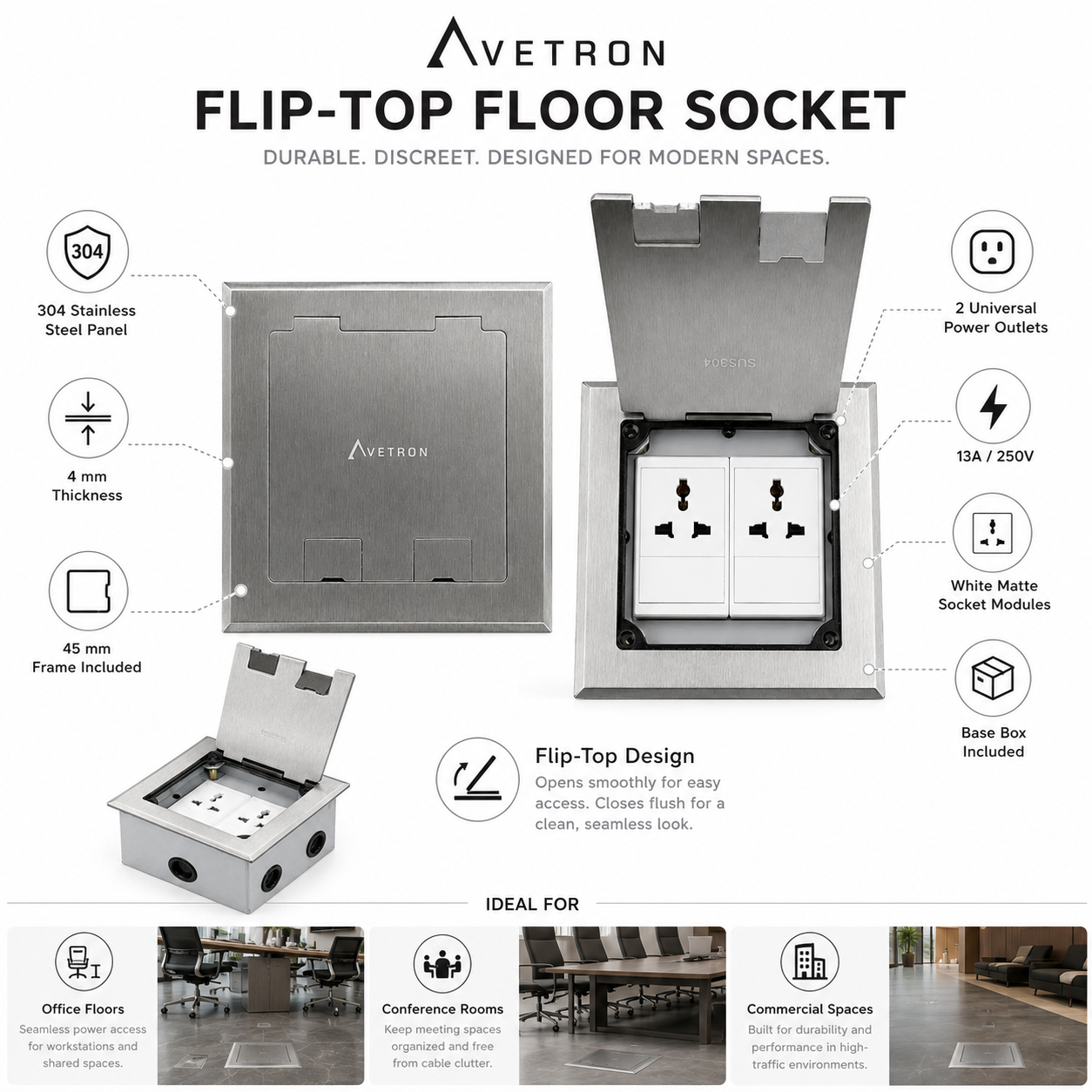 Avetron Flip-Top Floor Socket, 2 Universal Power Outlets, 304 Stainless Steel Panel, White Matte