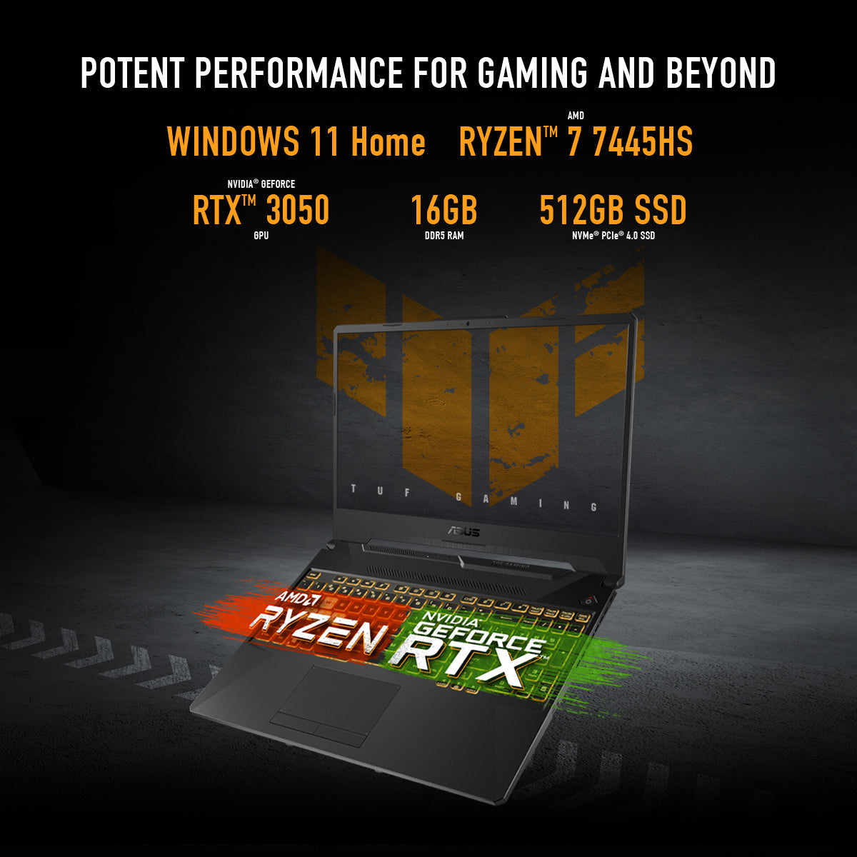 حاسوب محمول ASUS TUF Gaming A15 - شاشة 15.6 بوصة FHD 144Hz - معالج AMD Ryzen 7 7445HS - ذاكرة 16 جيجابايت رام - تخزين 512 جيجابايت SSD - بطاقة رسومات NVIDIA GeForce RTX 3050 بسعة 4 جيجابايت - نظام تشغيل ويندوز 11 برو K