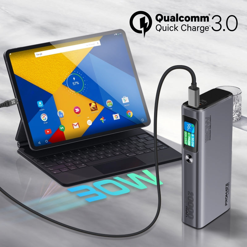 Promate 20,000mAH Power Bank, Super-Slim 130W Power Delivery with Smart TFT LCD Display, Durable Metal Made, Over Charge Protection for USB-C and USB-A Devices.
