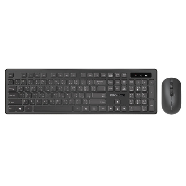 Promate Wireless Keyboard and Mouse Combo, Slim Full-Size 2.4Ghz Wireless Keyboard with 1600 DPI Ambidextrous Mouse, Nano USB Receiver, Quiet Keys
