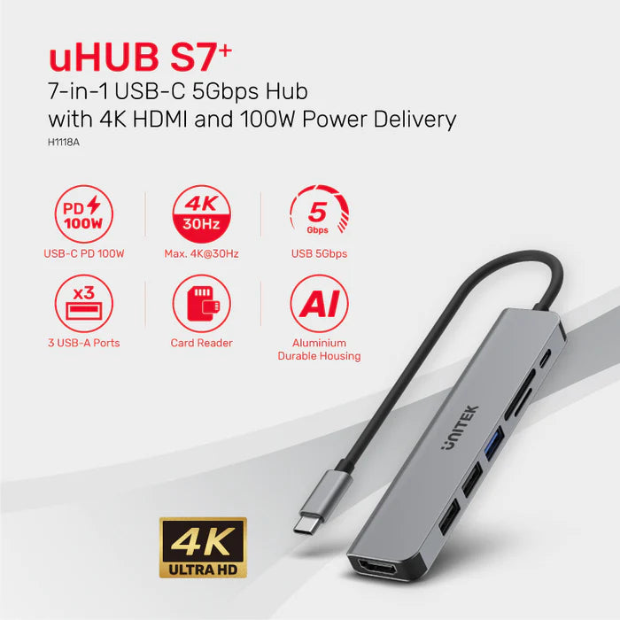 UNITEK uHUB S7+ 7-in-1 USB-C 5Gbps Hub with 4K HDMI and 100W Power Delivery