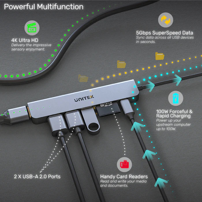 UNITEK uHUB S7+ 7-in-1 USB-C 5Gbps Hub with 4K HDMI and 100W Power Delivery