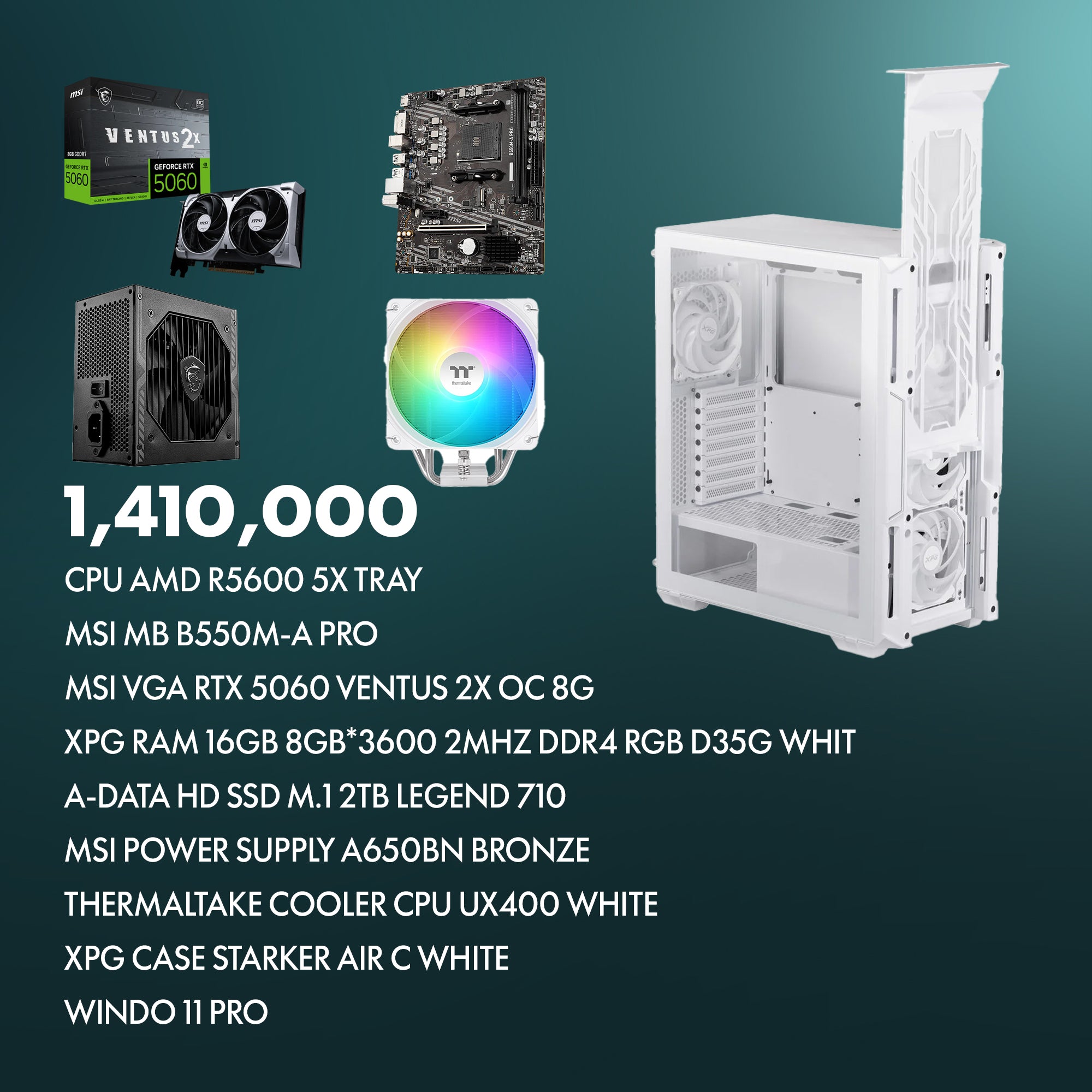 Gaming PC AMD Ryzen 5 5600X with RTX 5060 8GB - 16GB DDR4 3600MHz RGB - 1TB NVMe SSD - 650W Bronze PSU - Windows 11 Pro - White Gaming Case
