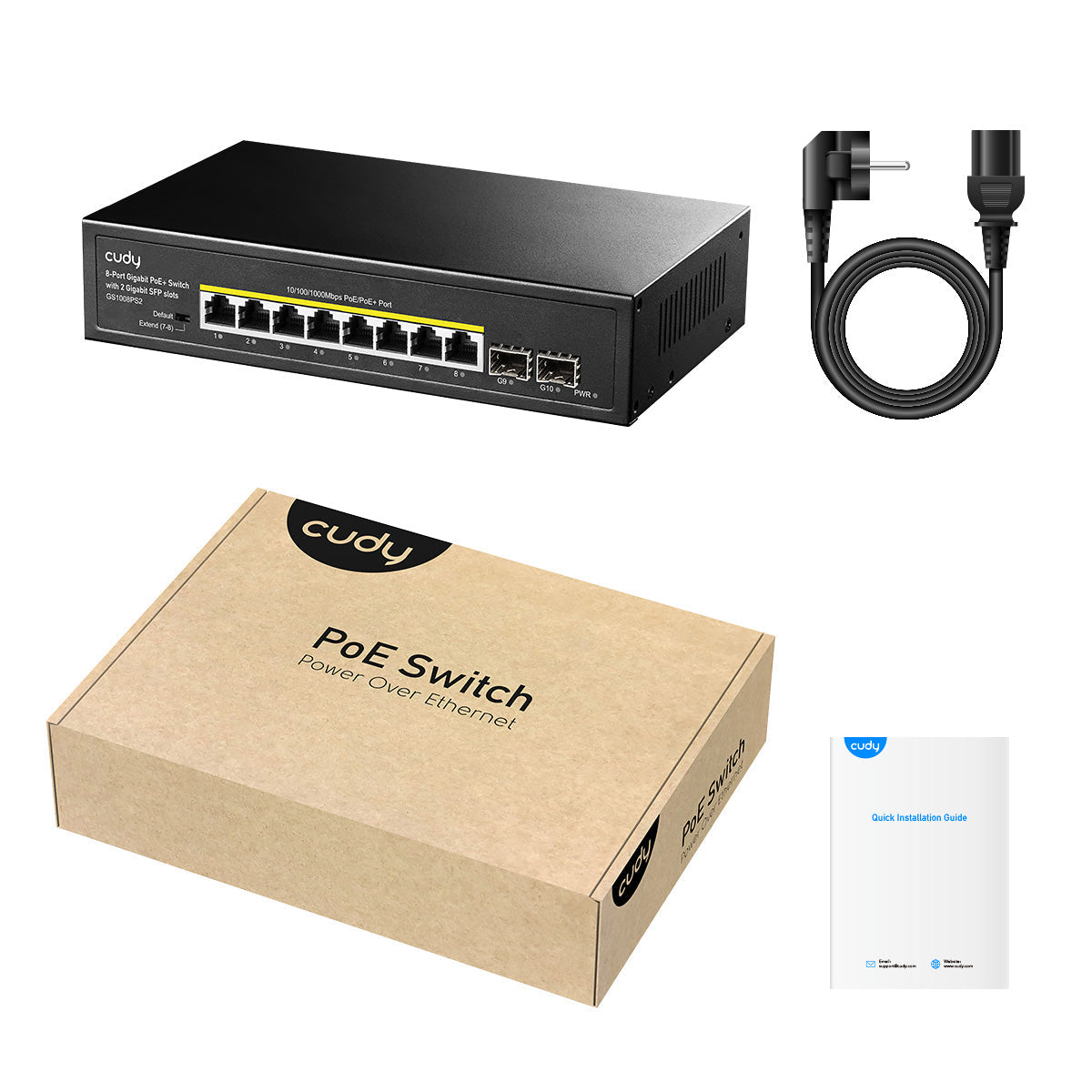 Cudy GS1008PS2‑1.0 8‑Port Gigabit PoE+ Switch with 2 Gigabit SFP Slots, 120 W Budget, Desktop/Rack-Mount