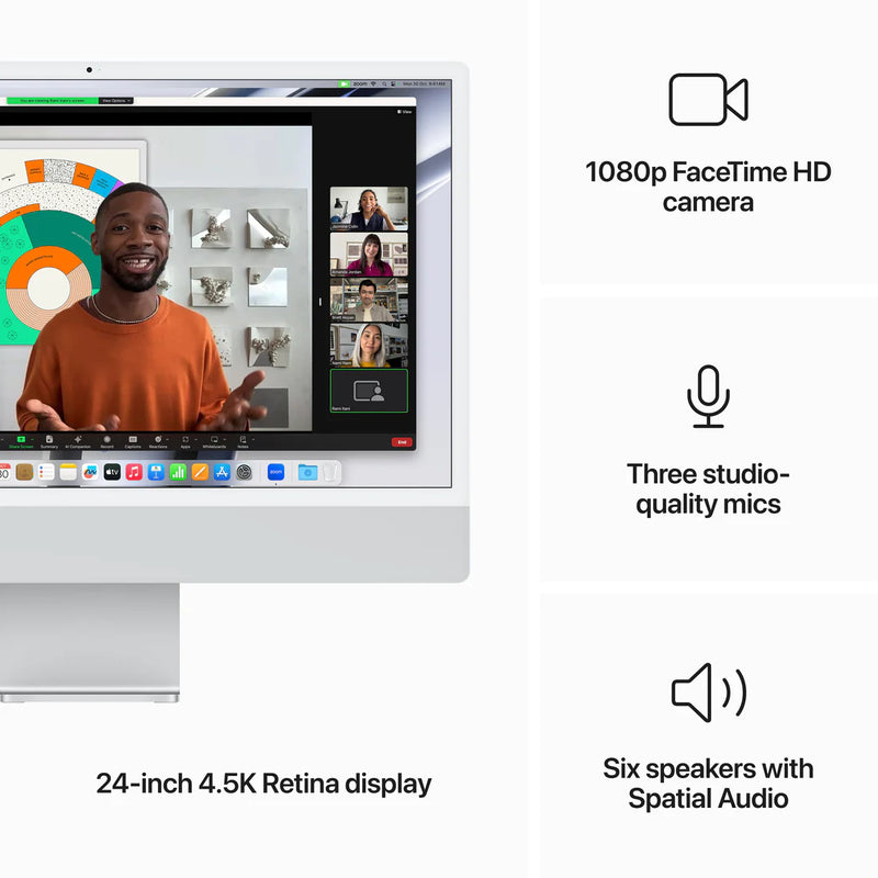 شاشة Apple iMac مقاس 24 بوصة Retina 4.5K مع وحدة معالجة مركزية M3 8-Core ووحدة معالجة رسومات 8-Core - ذاكرة وصول عشوائي سعتها 8 جيجابايت - محرك أقراص SSD سعة 256 جيجابايت (عربي)