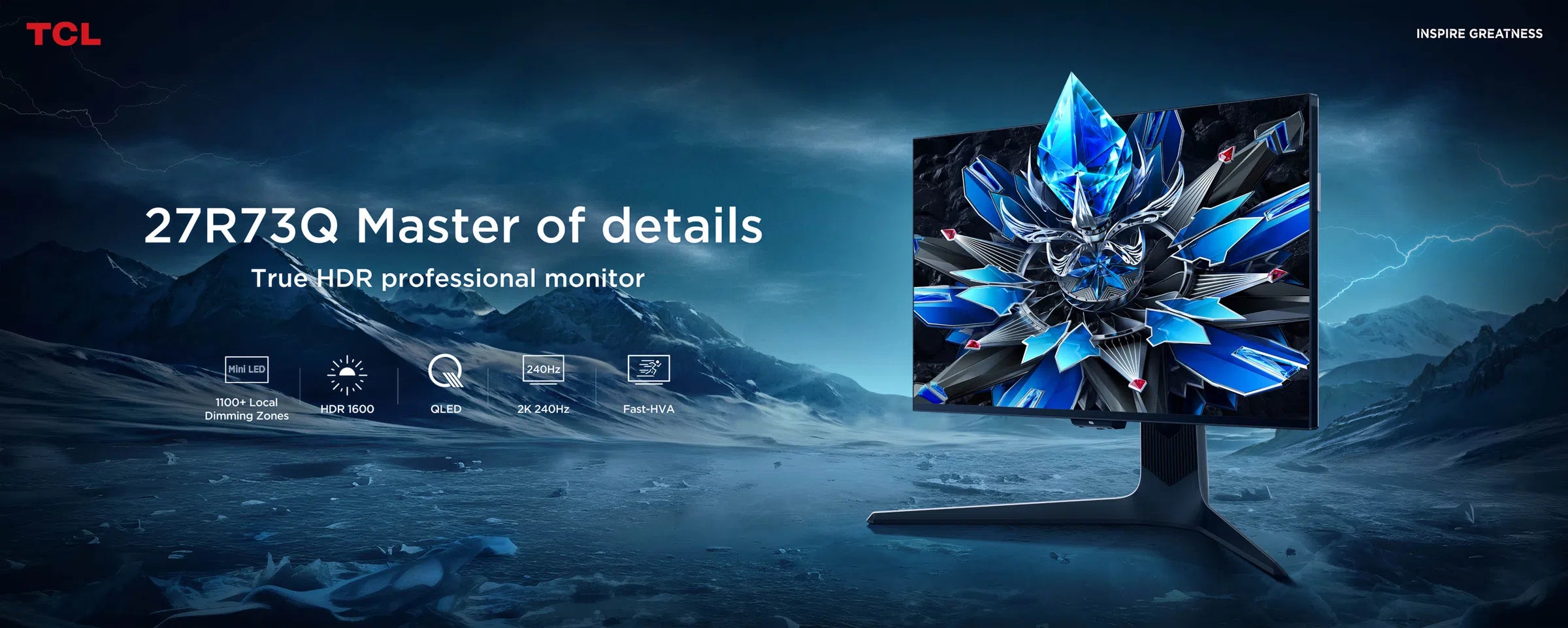 TCL 27R73Q 27" HDR Professional Monitor – 4K, 240Hz, HDR1600, 1100+ Local Dimming Zones, QLED, FAST-HVA