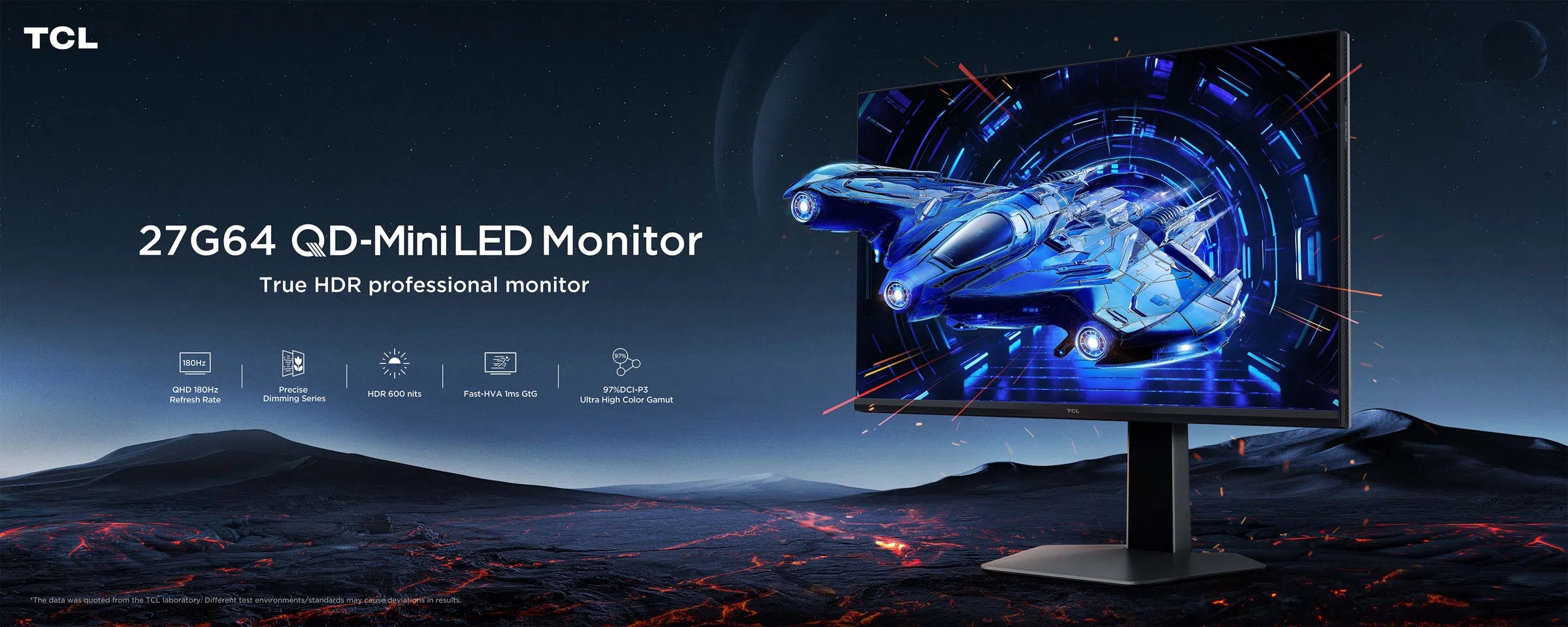 TCL 27G64 27" QD-Mini LED Monitor – QHD, 180Hz, HDR600, 97% DCI-P3, 1ms GTG, FreeSync & G-SYNC Compatible