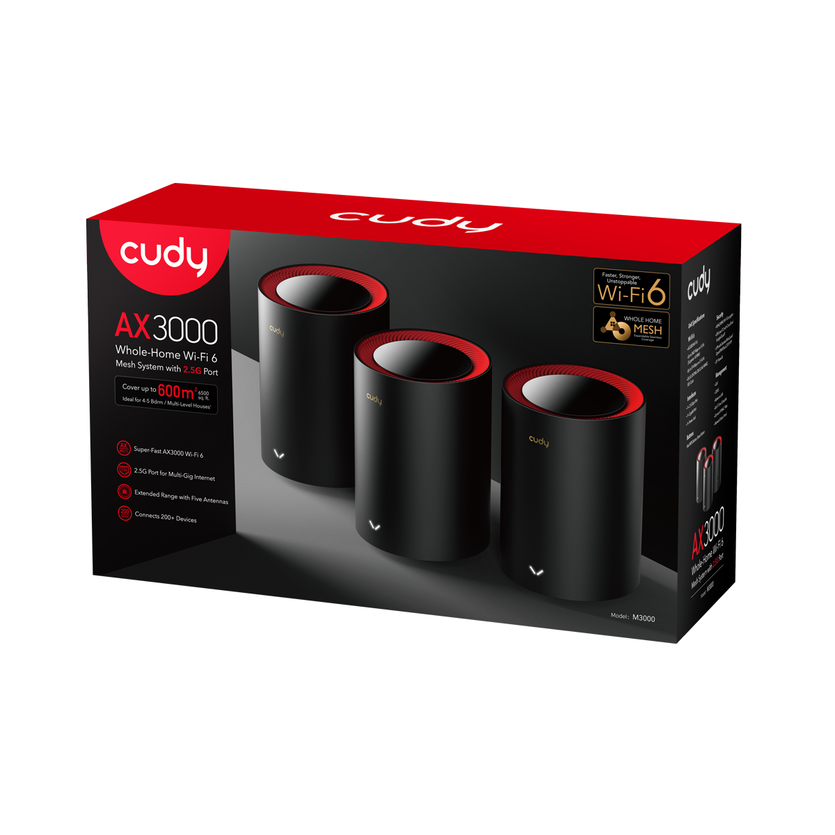 نظام Cudy M3000 1.0 AX3000 Mesh Wi‑Fi 6 مع شبكة WAN بسرعة 2.5 جيجابت في الثانية، ووحدة معالجة مركزية ثنائية النواة، ويدعم 200 جهاز وشبكة VPN (عبوة من 3 قطع)