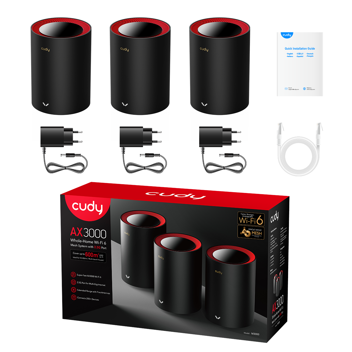 نظام Cudy M3000 1.0 AX3000 Mesh Wi‑Fi 6 مع شبكة WAN بسرعة 2.5 جيجابت في الثانية، ووحدة معالجة مركزية ثنائية النواة، ويدعم 200 جهاز وشبكة VPN (عبوة من 3 قطع)