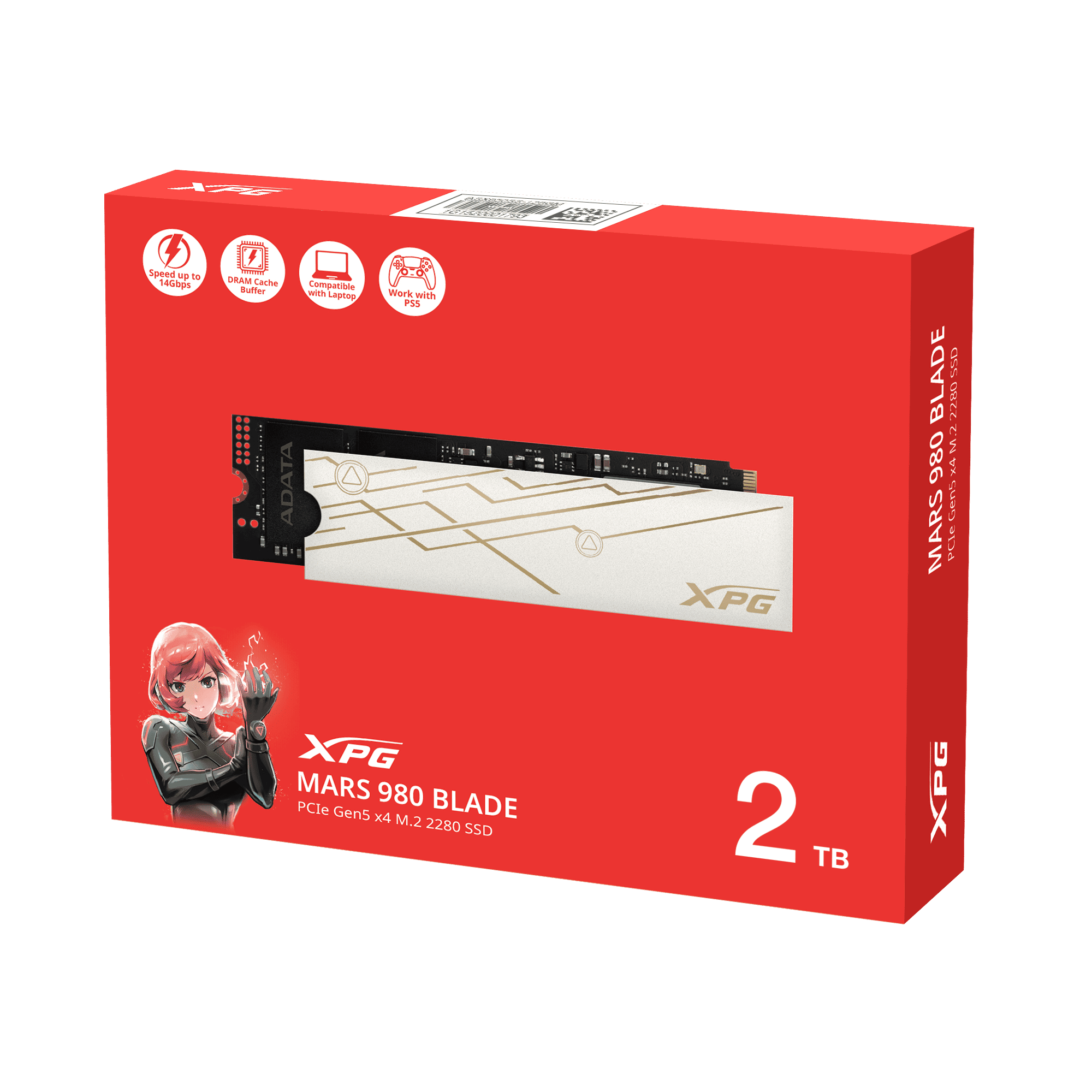 قرص الحالة الصلبة XPG MARS 980 BLADE 2TB Gen5 x4 NVMe - حتى 14,000/13,000 ميجابايت/ثانية، ذاكرة تخزين مؤقتة DRAM، ذاكرة NAND ثلاثية الأبعاد 232 طبقة، M.2 2280، NVMe 2.0