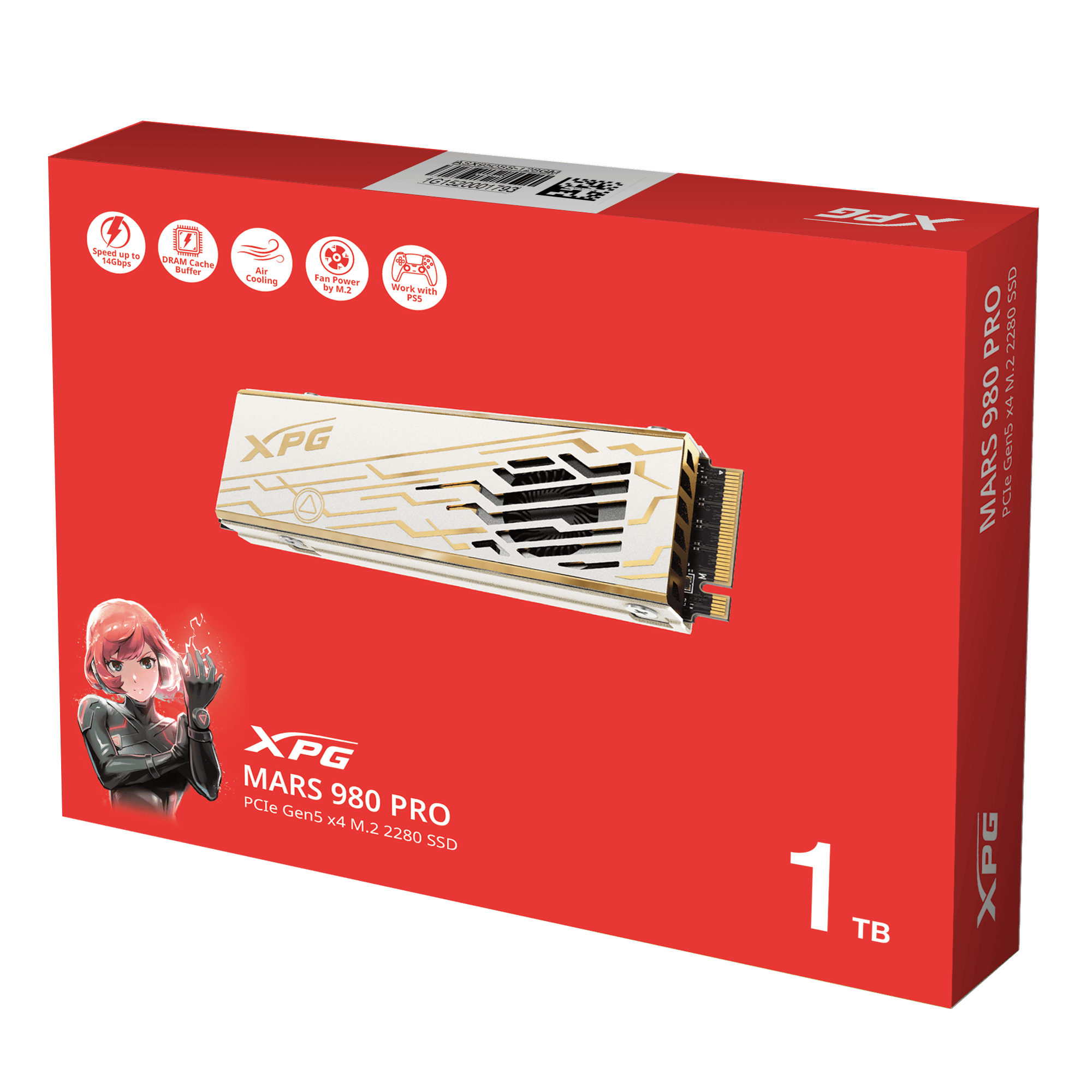 قرص الحالة الصلبة XPG MARS 980 PRO PCIe Gen5 x4 M.2 2280 - تبريد نشط بمروحة توربو، 14,000/13,000 ميجابايت/ثانية، 1 تيرابايت، متوافق مع PS5