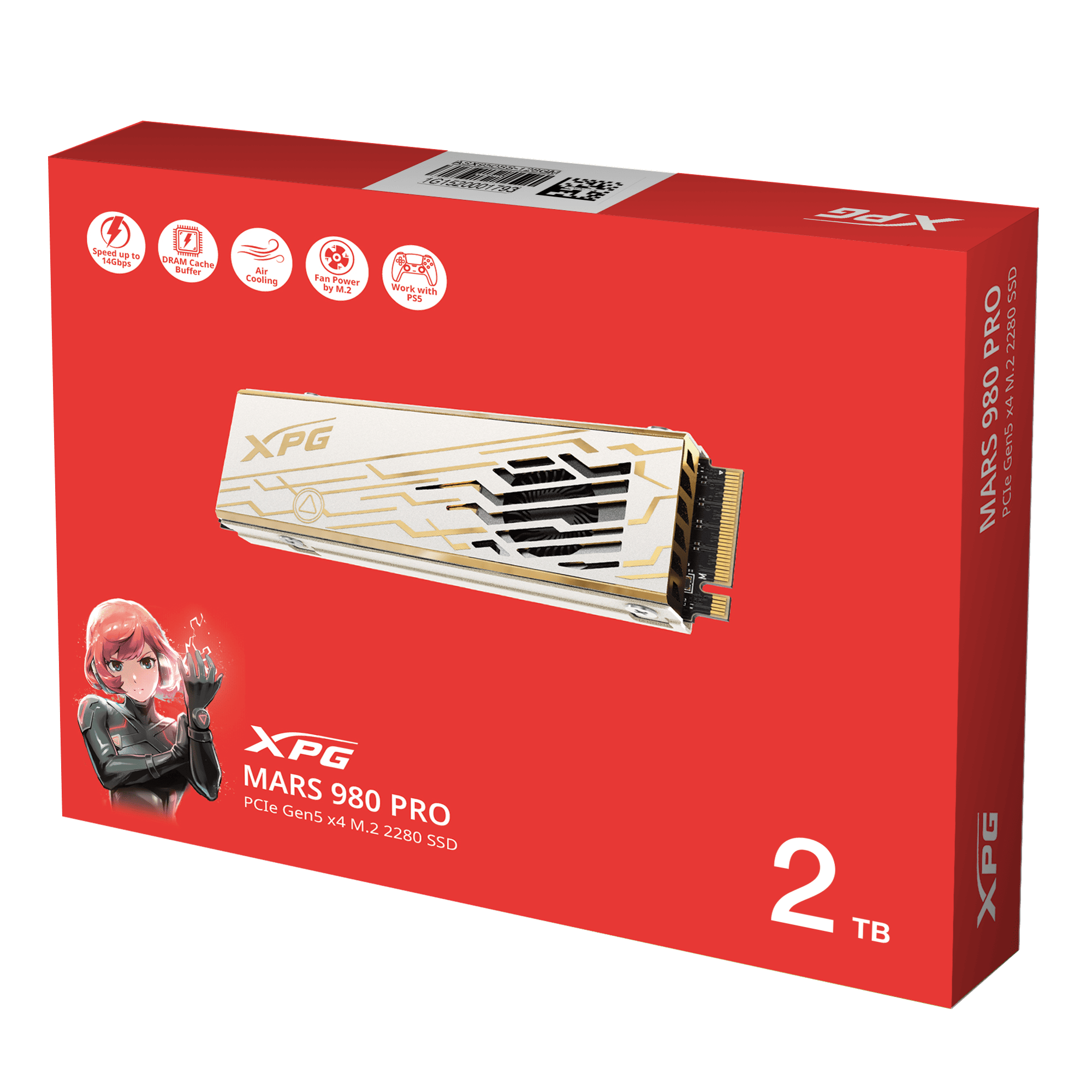 قرص الحالة الصلبة XPG MARS 980 PRO سعة 2 تيرابايت PCIe 5.0 x4 M.2 2280 - NVMe 2.0، بسرعة 14,000/13,000 ميجابايت/ثانية، تبريد نشط بالمروحة، حتى 2 مليون عملية إدخال وإخراج في الثانية