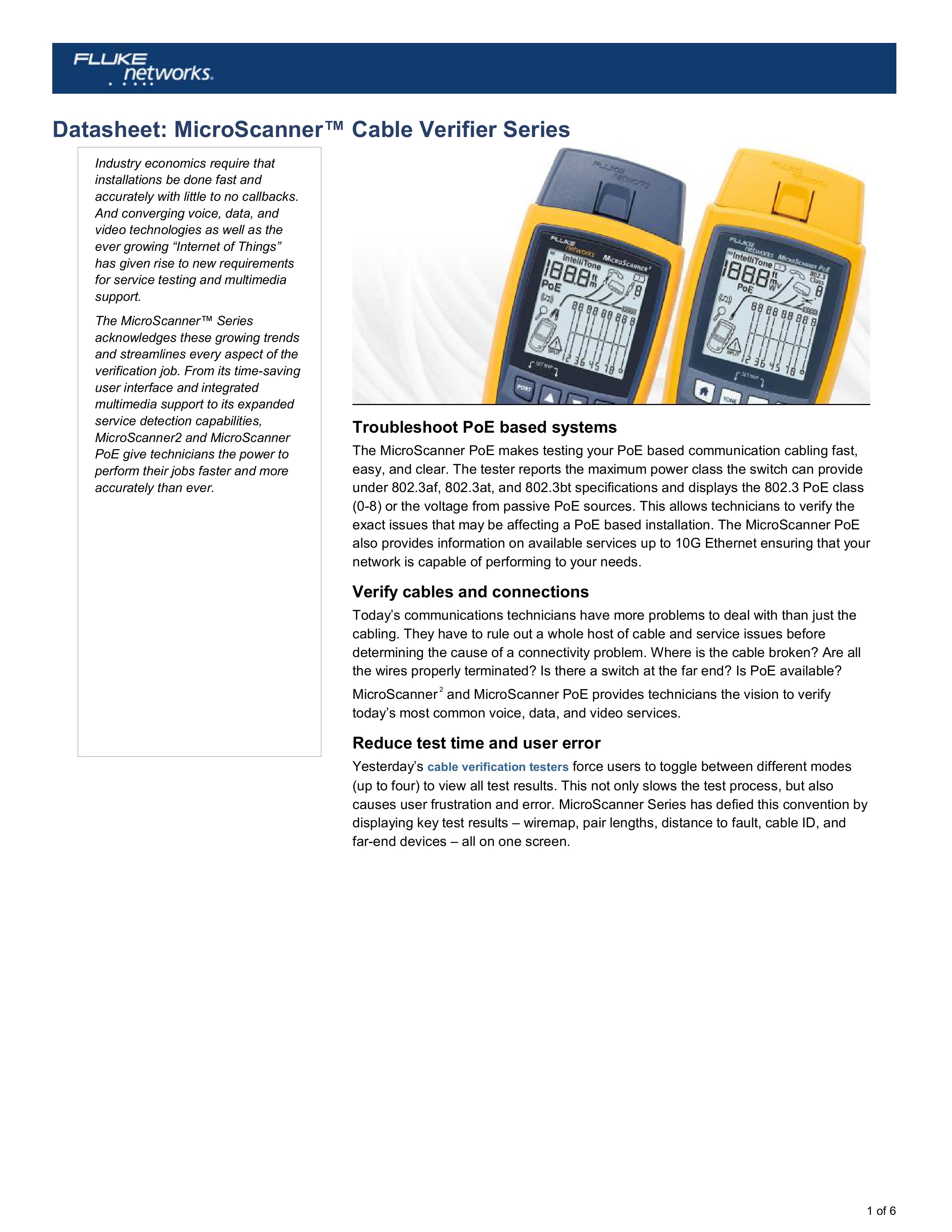 Fluke Networks MicroScanner™ PoE Cable Verifier – Tests Ethernet, PoE Class (0–8), Wire map, Coax, and Services to 10G