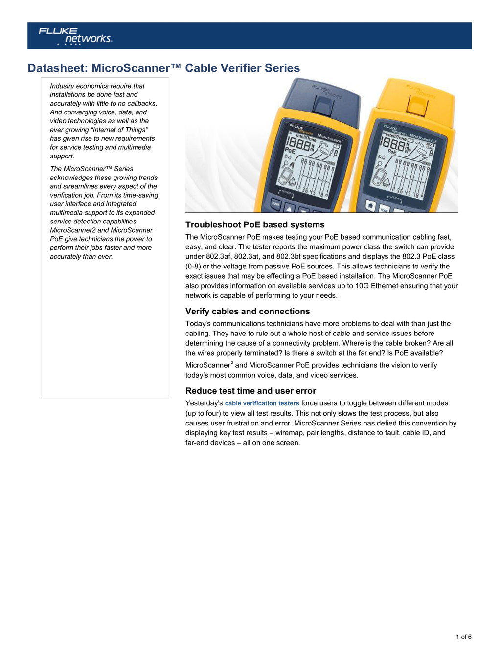 Fluke Networks MicroScanner™ PoE Cable Verifier – Tests Ethernet, PoE