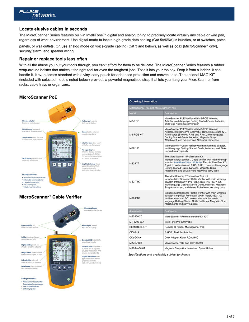 Fluke Networks MicroScanner™ PoE Cable Verifier – Tests Ethernet, PoE Class (0–8), Wire map, Coax, and Services to 10G