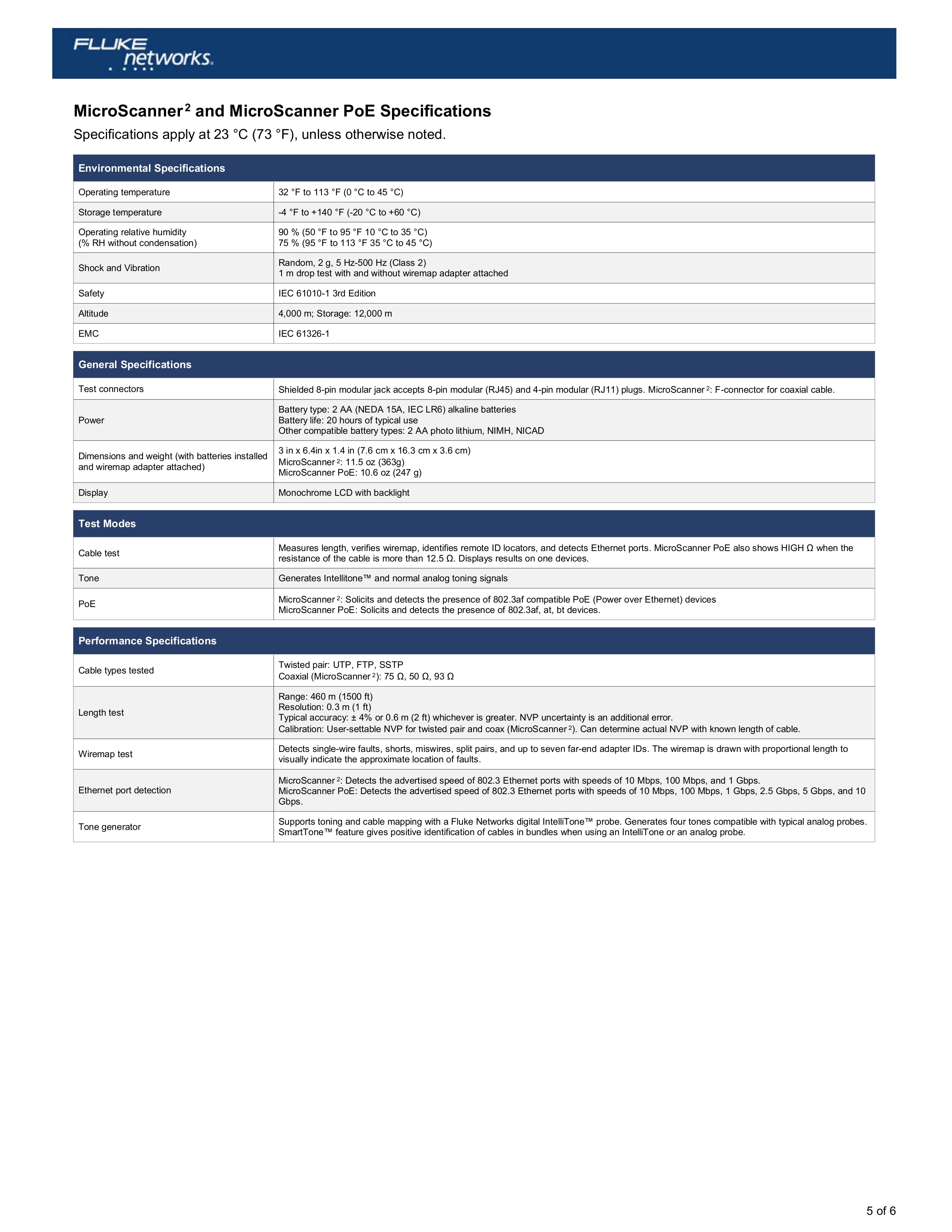 جهاز فحص الكابلات Fluke Networks MicroScanner™ PoE – يختبر الإيثرنت، فئة PoE (0–8)، خريطة الأسلاك، الكوكس، والخدمات حتى 10G