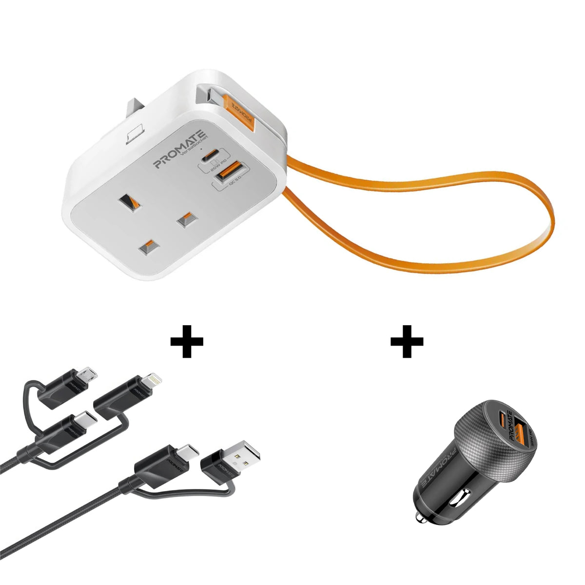 Promate Multi-Function AC Socket Charger + Multi-Connector Cable, Car Charger Bundle