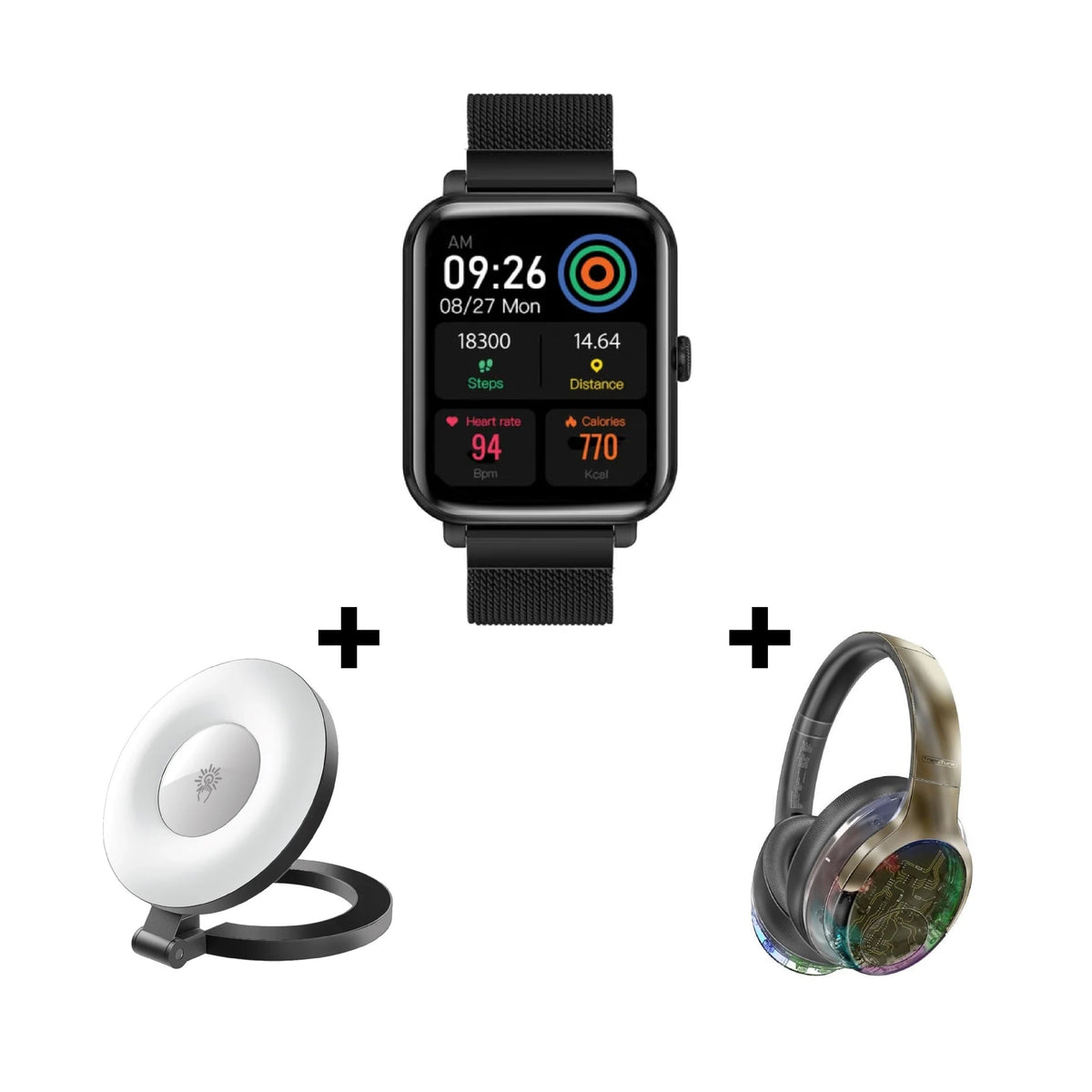 Promate TRANSUNE Wireless Headphones + Smartwatch, LED Ring Light Bundle