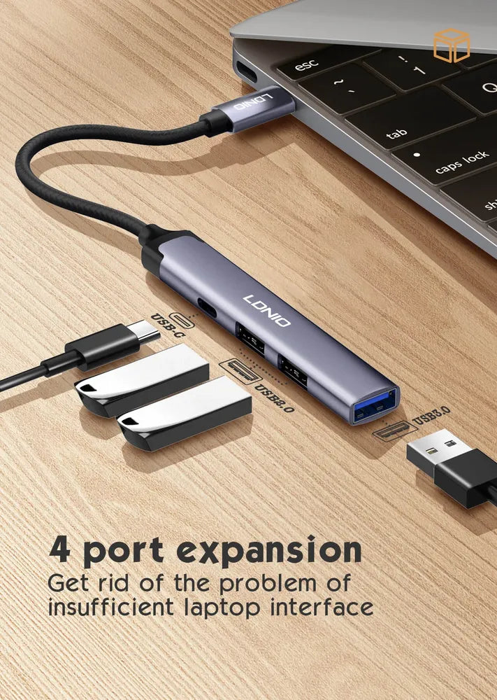 LDNIO DS-114C USB-C 4-in-1 Hub, USB-C to 4× USB 3.0 Multiport Adapter, High-Speed Data Transfer Docking Station for Laptop, Mac, and PC
