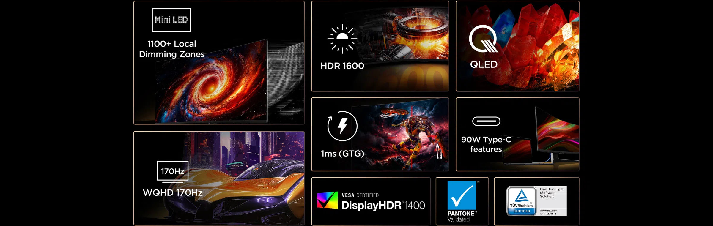 TCL 34R83Q 34" QD-Mini LED Monitor – WQHD, 170Hz, 1ms GTG, HDR1600, 1100+ Local Dimming Zones, Pantone Validated