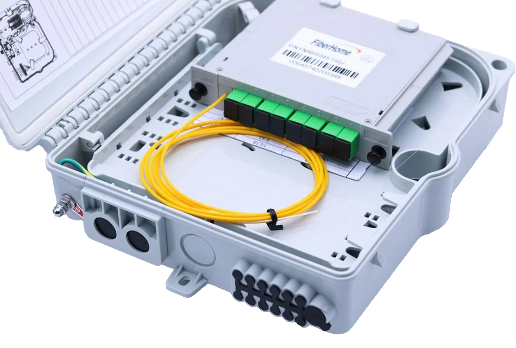 FiberHome FDP-410B Fiber Distribution Box – 24 Fiber Splice Capacity, 1:8 Splitter, Wall-Mount, IP65, Indoor Use, 210×210×70mm
