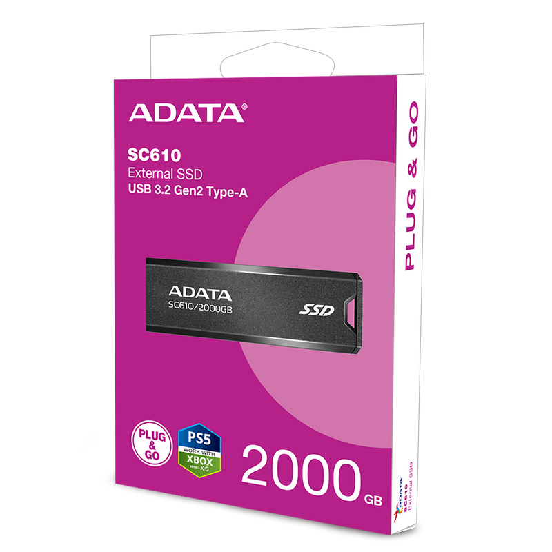 ADATA SC610 2000GB External SSD Stick - Up to 550/500MB/s SuperSpeed USB 3.2 Gen 2 USB-A Solid State Flash Drive (SC610-2000G-CBK/RD)