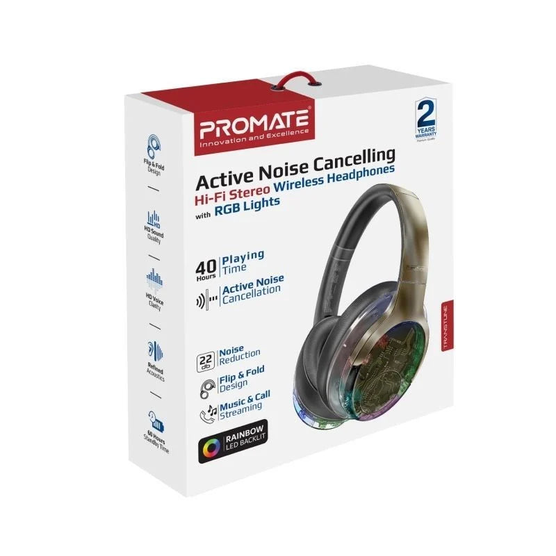 Promate WIRERLESS HEADPHONES RGB TRANSPARENT RAINBOW LED BACKLIT TRANSUNE Active Noise Cancelling , Hi-Fi STEREO , FLIP & FOLD