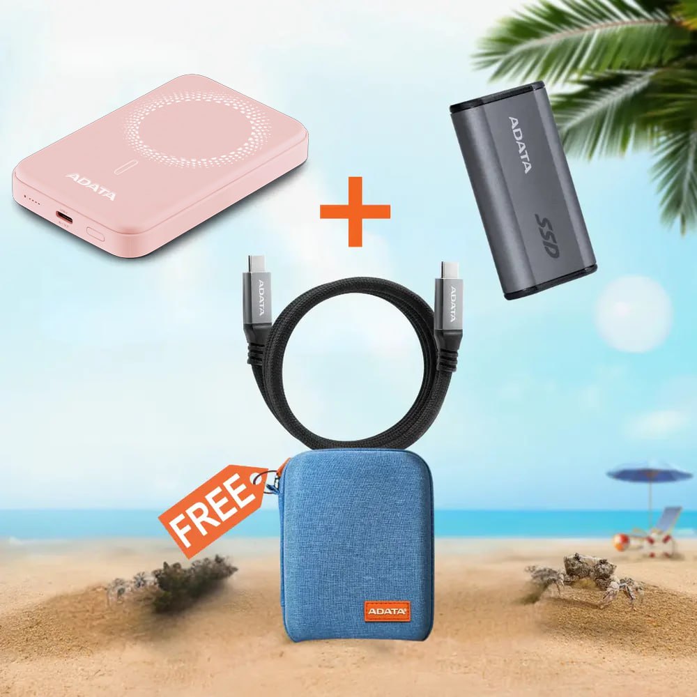 ADATA Pack Your Memory Summer Bundle – SC750 1TB SSD + 100W USB-C Cable + R050 Power Bank – Free Pocket Pack Case Included