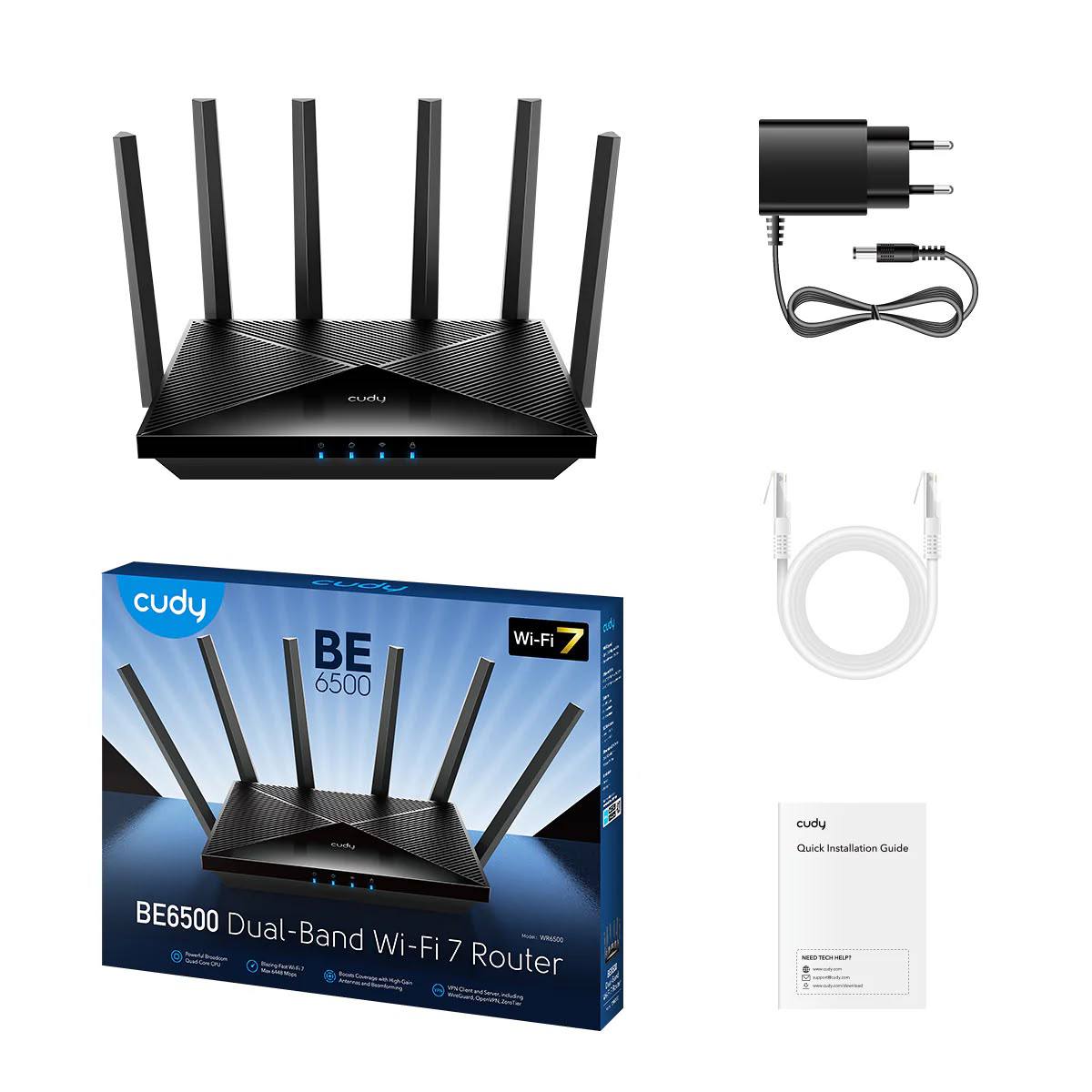 راوتر Cudy WR6500H BE6500 Wi-Fi 7 - راوتر لاسلكي ثنائي النطاق بسرعة 6.5 جيجابت في الثانية مع شبكة WAN 2.5 جيجابت، وشبكة LAN 4 جيجابت، ووحدة معالجة مركزية رباعية النواة، وأمان WPA3