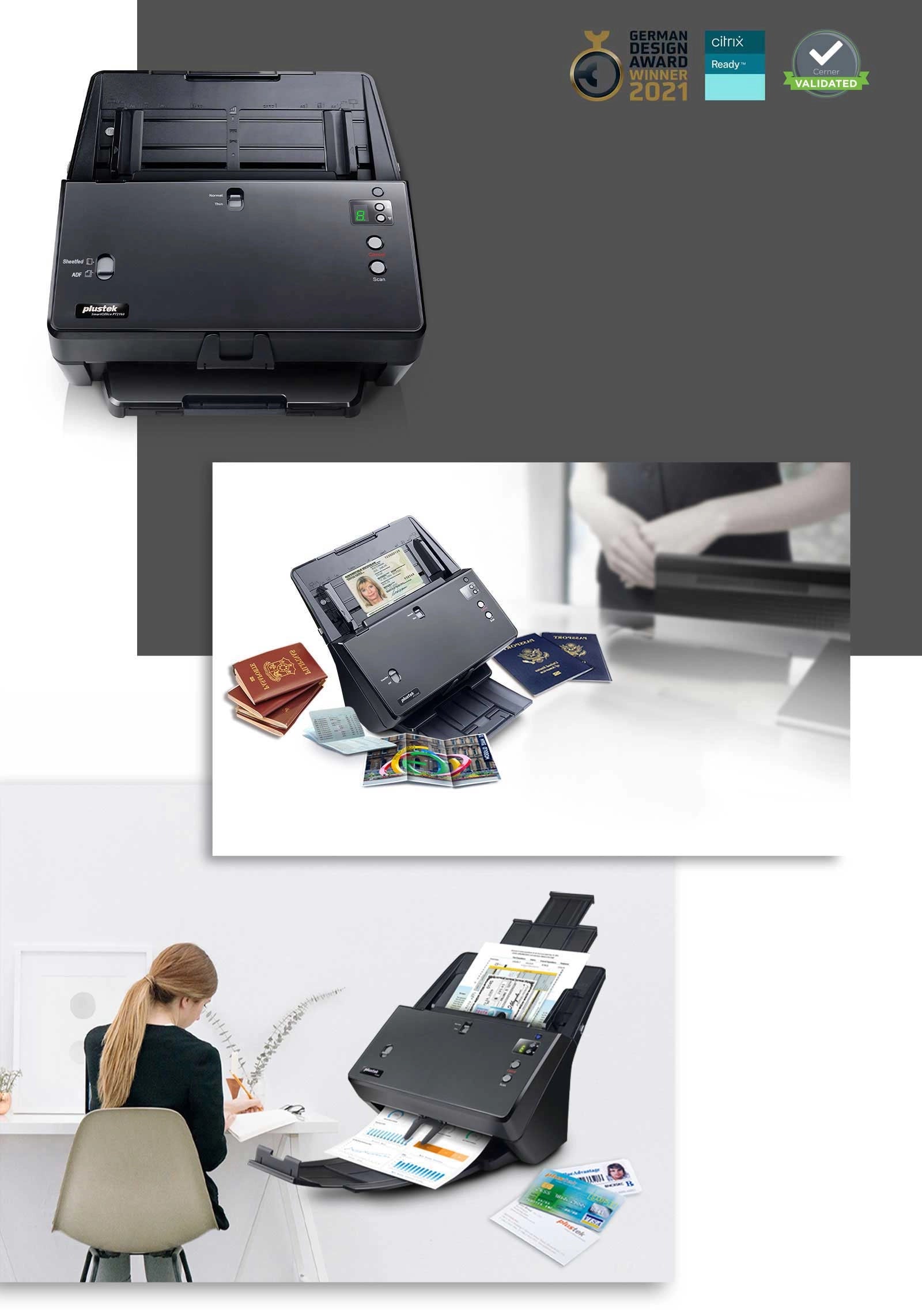 Plustek SmartOffice PT2160 Duplex Document Scanner , 60 ppm / 120 ipm , 100-Sheet ADF , Passport & ID Card Support , USB 3.2 , OCR