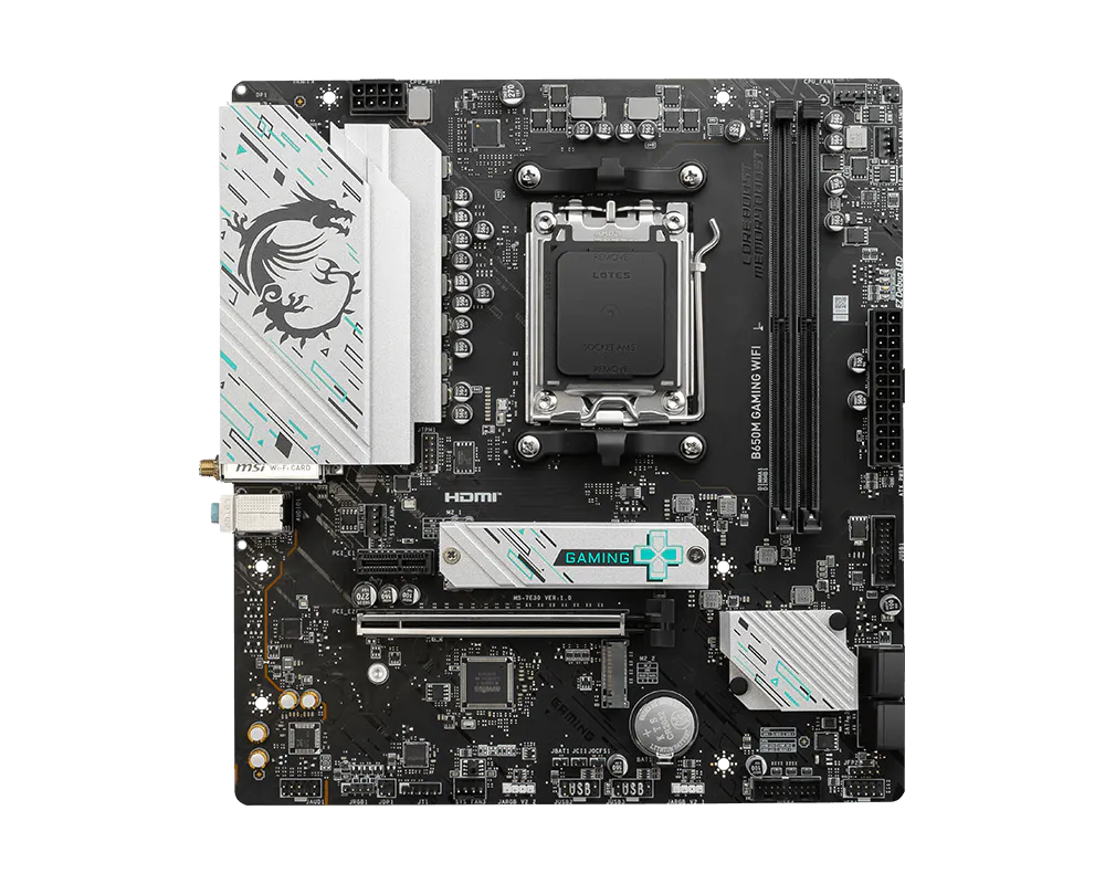 لوحة أم MSI B650M GAMING WIFI DDR5 Micro-ATX — شريحة AMD B650، مقبس AM5، دعم Ryzen 7000/8000/9000، DDR5 7800+ (OC)، PCIe 4.0، فتحتا M.2 Gen4 مزدوجتان، واي فاي 6E وبلوتوث 5.3، شبكة LAN بسرعة 2.5 جيجابت، HDMI 2.1 وDisplayPort 1.4