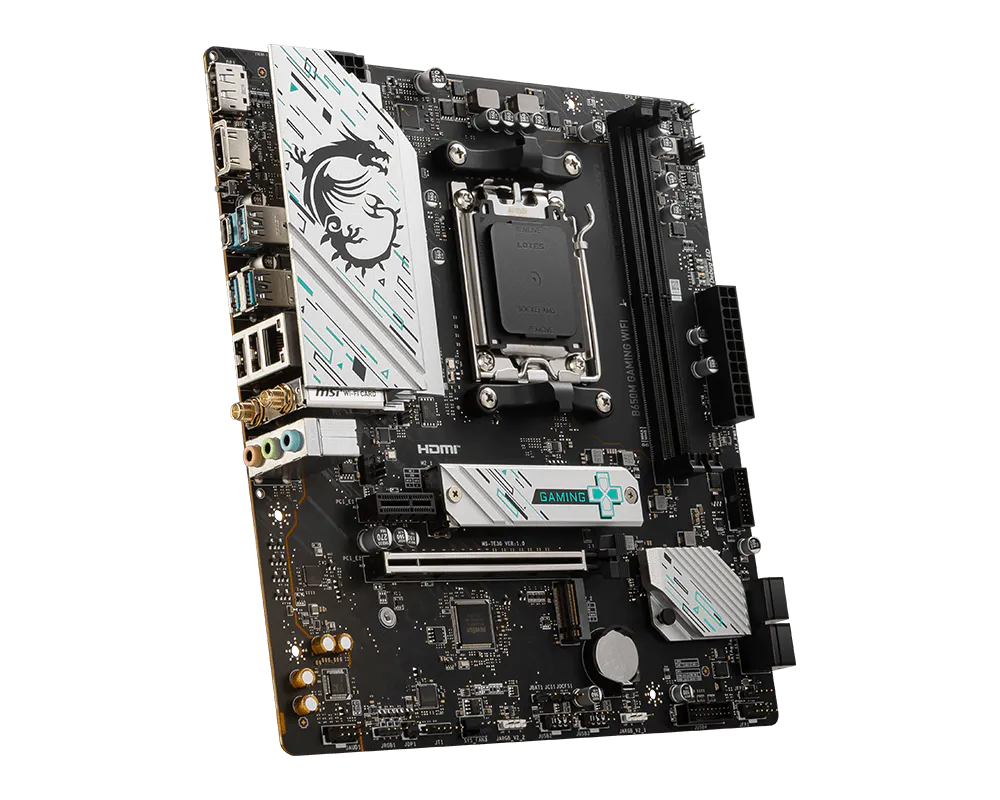 لوحة أم MSI B650M GAMING WIFI DDR5 Micro-ATX — شريحة AMD B650، مقبس AM5، دعم Ryzen 7000/8000/9000، DDR5 7800+ (OC)، PCIe 4.0، فتحتا M.2 Gen4 مزدوجتان، واي فاي 6E وبلوتوث 5.3، شبكة LAN بسرعة 2.5 جيجابت، HDMI 2.1 وDisplayPort 1.4