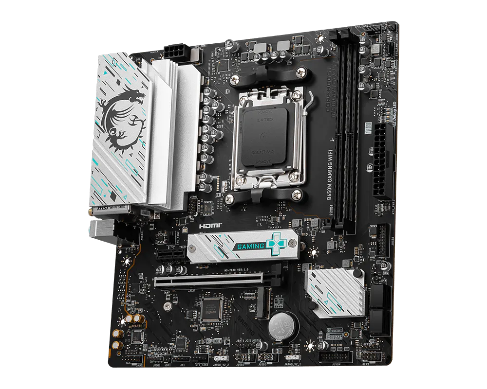 لوحة أم MSI B650M GAMING WIFI DDR5 Micro-ATX — شريحة AMD B650، مقبس AM5، دعم Ryzen 7000/8000/9000، DDR5 7800+ (OC)، PCIe 4.0، فتحتا M.2 Gen4 مزدوجتان، واي فاي 6E وبلوتوث 5.3، شبكة LAN بسرعة 2.5 جيجابت، HDMI 2.1 وDisplayPort 1.4