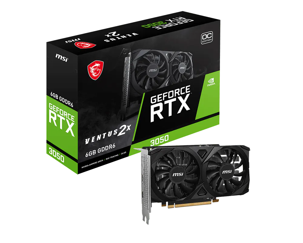 بطاقة رسومات MSI GeForce RTX 3050 VENTUS 2X E 6G OC – NVIDIA RTX 3050، 6 جيجابايت GDDR6، PCIe 4.0 x8، تبريد بمروحتين، HDMI 2.1، DisplayPort، دعم 4K، معمارية Ampere