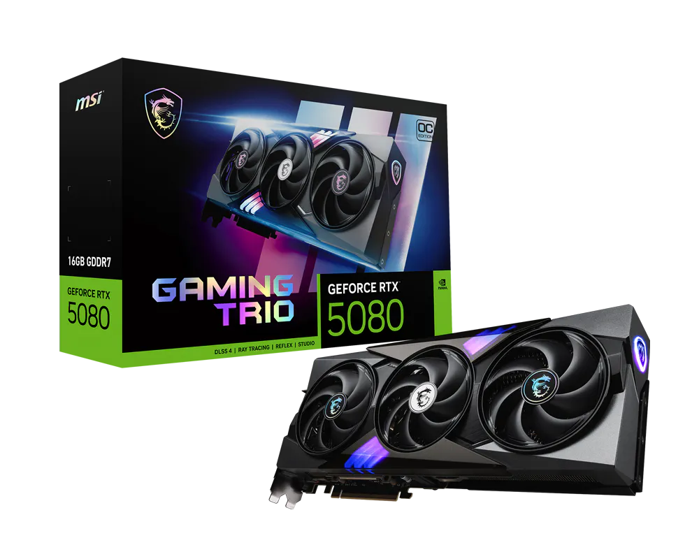 MSI GeForce RTX 5080 16G GAMING TRIO OC Graphics Card , 16GB GDDR7 , 256-bit , 10752 CUDA Cores , 2700MHz Boost , PCIe 5.0 , 3× DisplayPort 2.1b + HDMI 2.1b , 8K Support