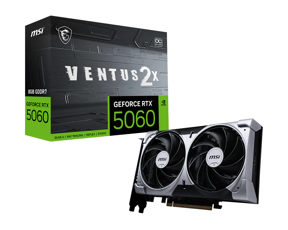 MSI GeForce RTX 5060 8G VENTUS 2X OC Graphics Card , 8GB GDDR7 , 128-bit , 3840 CUDA Cores , 2527MHz Boost , PCIe 5.0 x8 , Dual Fan , 3× DisplayPort 2.1b + HDMI 2.1b , 8K Support