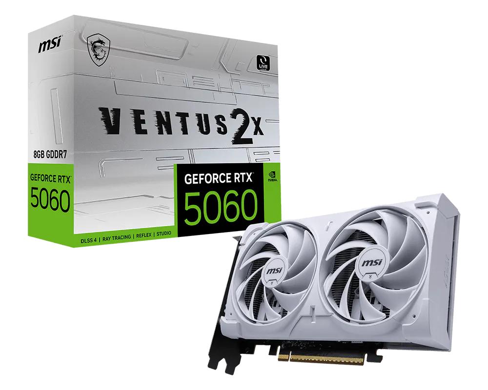 MSI GeForce RTX 5060 8GB VENTUS 2X WHITE Graphics Card, GDDR7, 28Gbps, 128-bit, Dual Fan Cooling, PCIe 5.0, HDMI 2.1b, DisplayPort 2.1, DLSS 4, Ray Tracing, White Edition