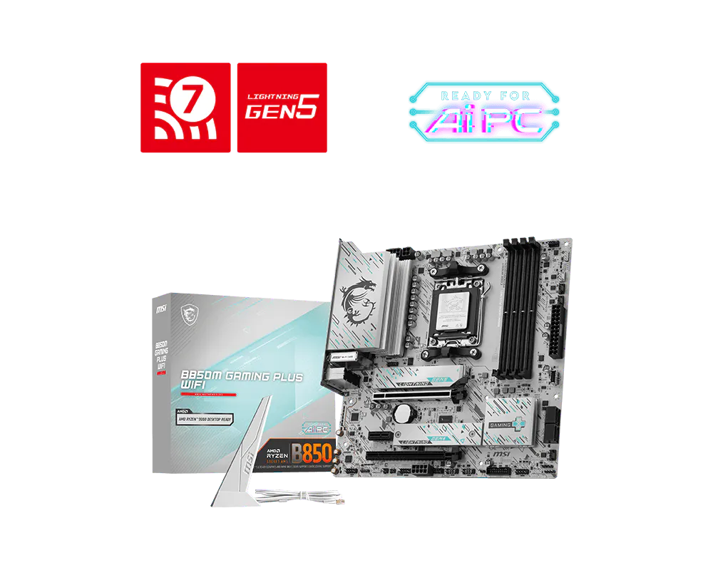 لوحة أم MSI B850M GAMING PLUS WIFI – AMD B850، AM5، DDR5 8200+ ميجاهرتز (OC)، PCIe 5.0 x16، Gen5 M.2، واي فاي 7، شبكة 5G LAN، USB 10Gbps Type-C، mATX