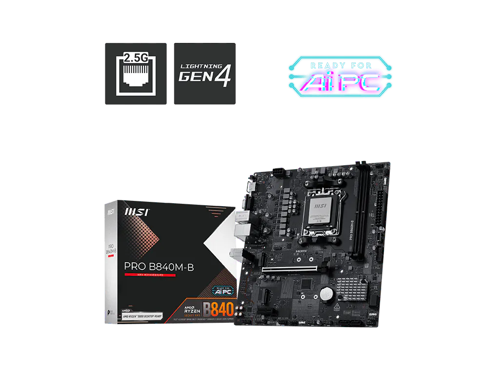 لوحة أم MSI PRO B840M-B mATX – AMD B840، AM5، DDR5، PCIe 4.0، M.2، HDMI، USB 3.2