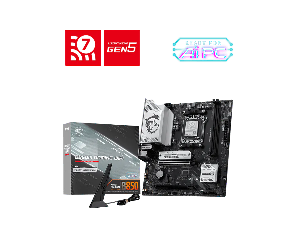 MSI B850M GAMING WIFI AM5 Micro-ATX Motherboard , AMD B850 Chipset , DDR5 8200+ OC , PCIe 5.0 x16 , Dual M.2 (Gen5 + Gen4) , Wi-Fi 7 , 5G LAN , USB-C , HDMI & DisplayPort
